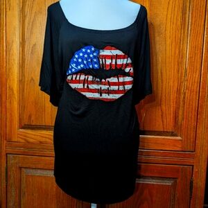 Bibi semi sheer black soft knit scoop patriotic kiss short‎ sleeve long tunic